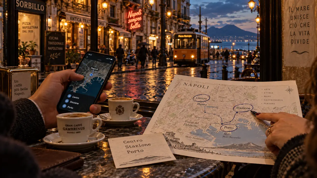 B&B Napoli: zona, colazione e accesso camera, mappa e strada a Napoli al tramonto