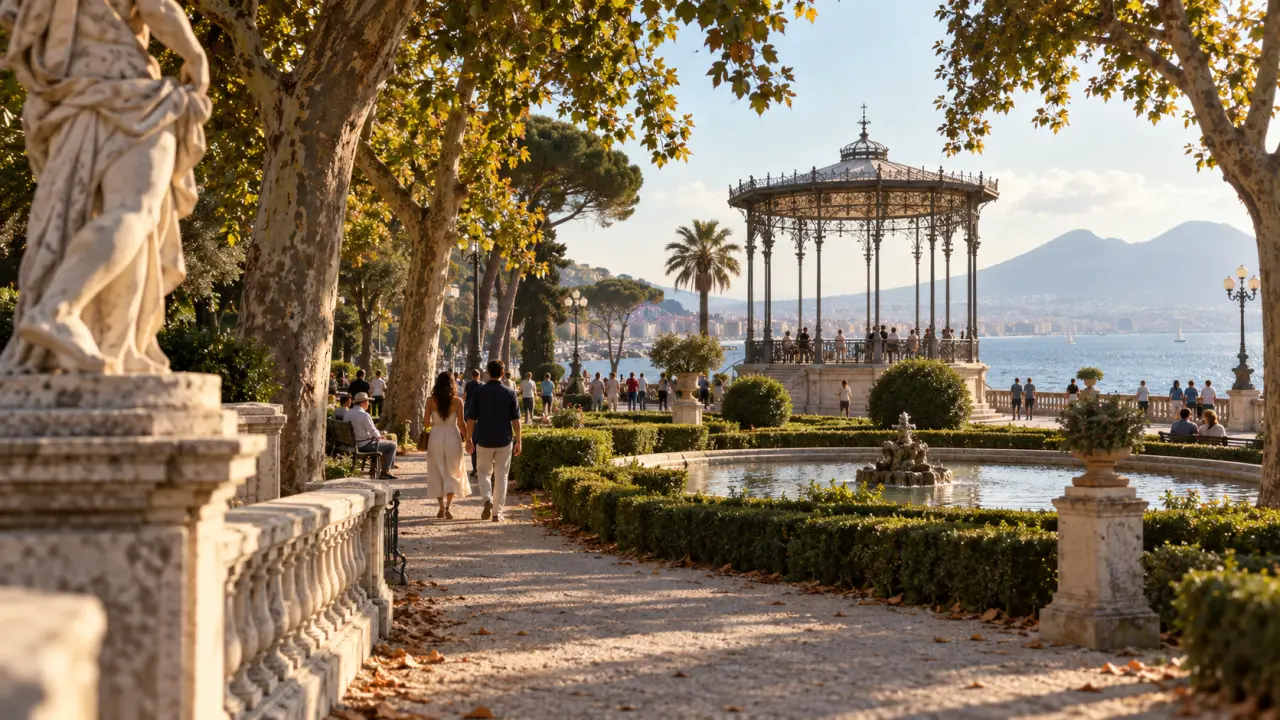 Villa Comunale a Napoli sul lungomare, siepi, fontana e Cassa Armonica